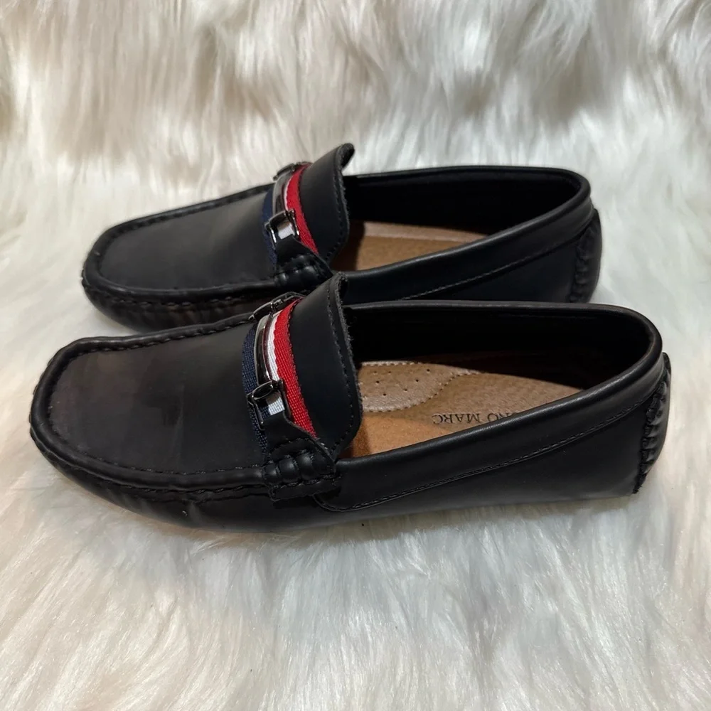 Bruno Marc Boys Classic Black and Red Leather Slip-On Loafers